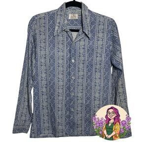VTG Sands Point Blue White Medallion Print Size 18 70s Disco Geek Chic Shirt
